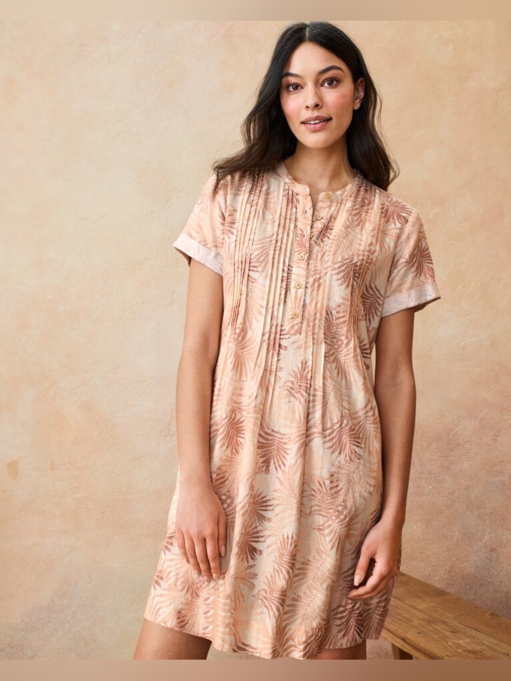 Faherty Gemina Peach Palm-Print Short Sleeve Mini Dress
